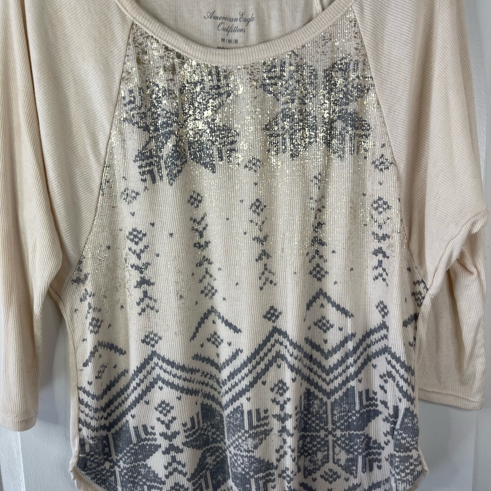 American eagle long sleeve waffle knit in cream and gray. - Picture 3 of 7